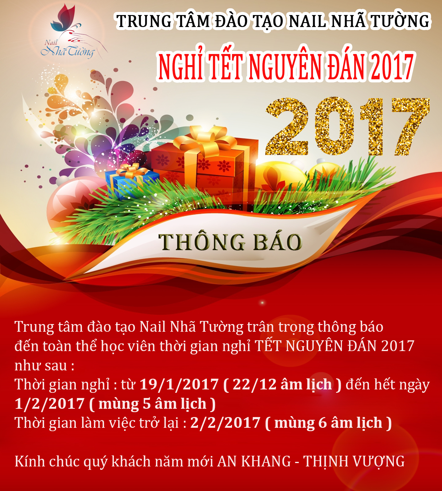 Thông báo lịch nghỉ tết nguyên đán 2017 Thông báo lịch nghỉ tết nguyên đán 2017